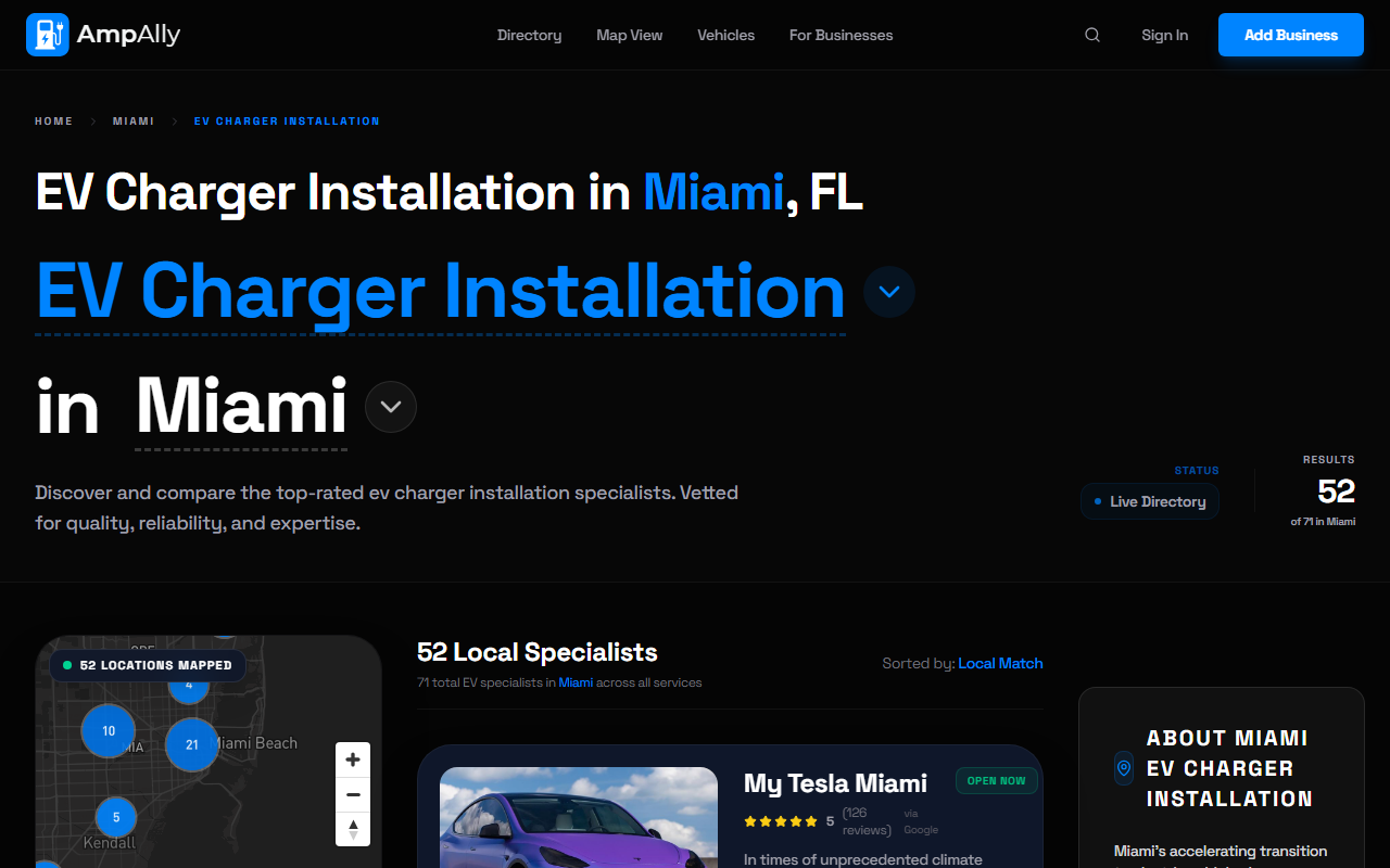 AmpAlly Miami EV charger installation directory with map and listings